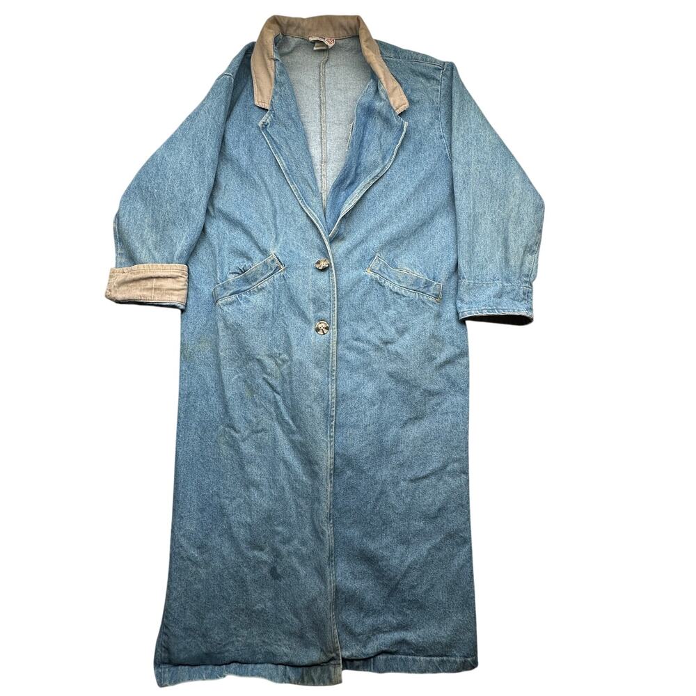 Vintage American Profiles Dungarees Long Denim Trench Coat Women Medium Corduroy